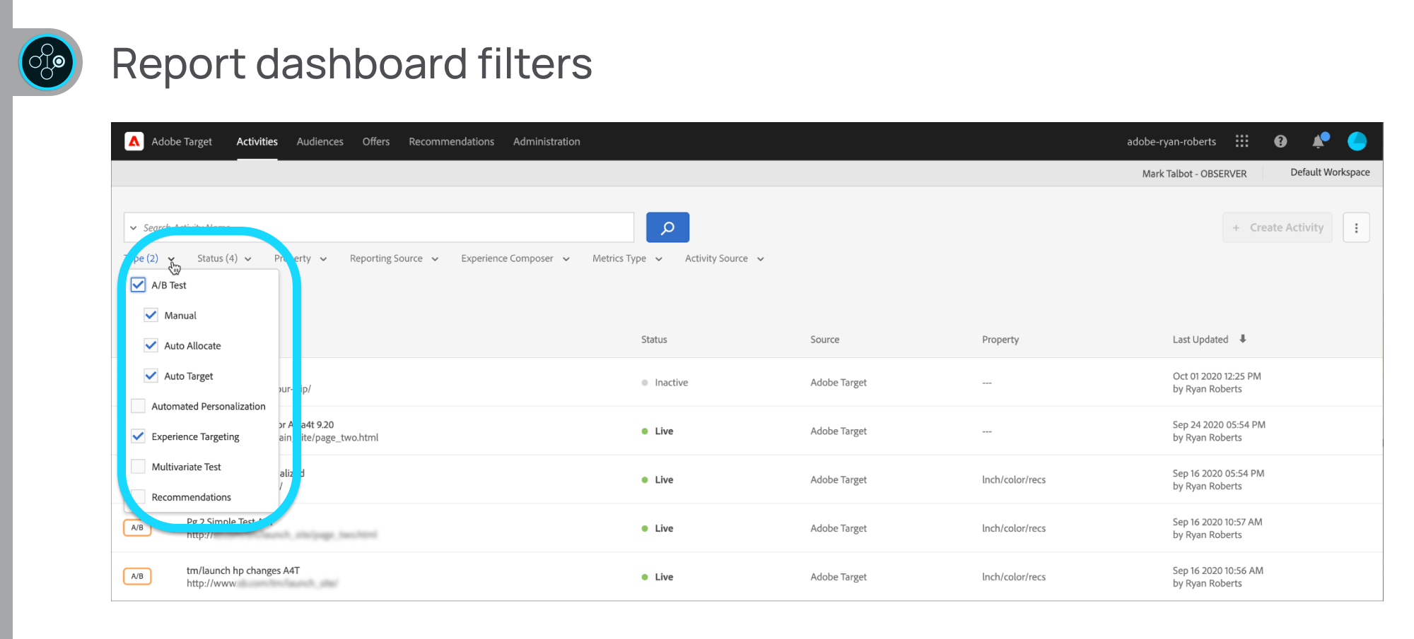Report dashboard filters in Adobe Target